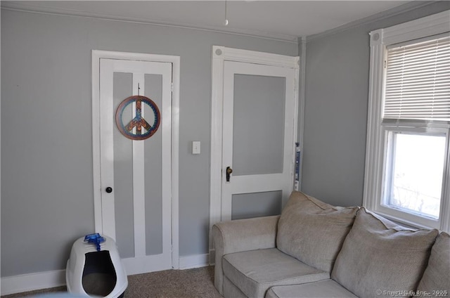 living room featuring a healthy amount of sunlight, carpet floors, and ornamental molding