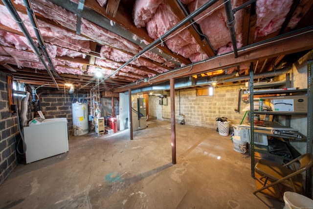 basement with washer / dryer and water heater