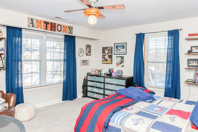 bedroom featuring carpet floors and ceiling fan