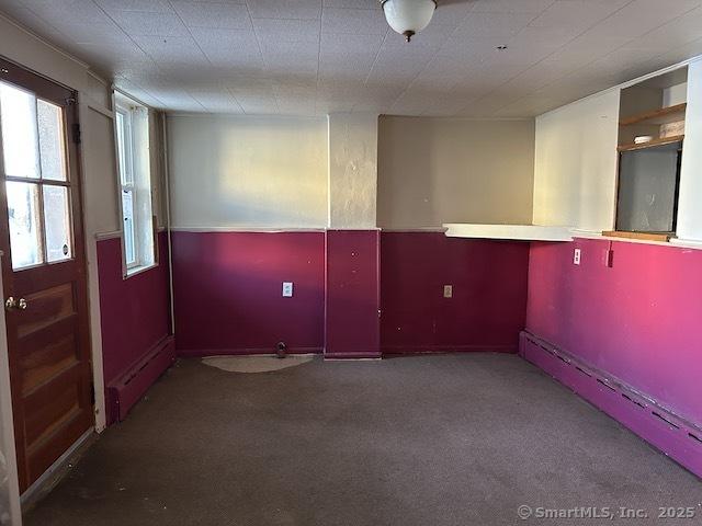 carpeted spare room featuring baseboard heating and a wealth of natural light