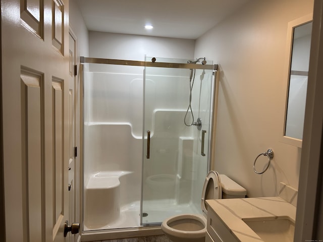 bathroom with toilet, vanity, and an enclosed shower