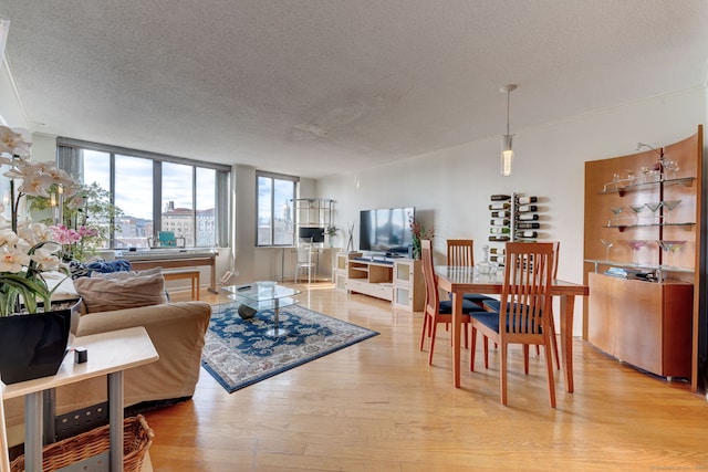 living room featuring a textured ceiling and light hardwood / wood-style floors