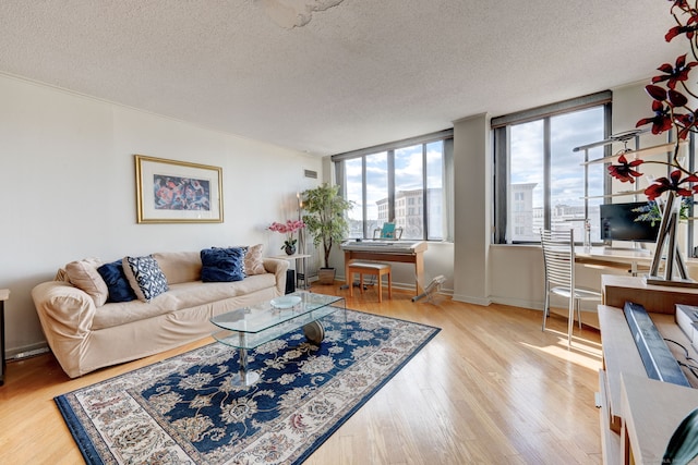 living room with a healthy amount of sunlight, light hardwood / wood-style floors, and a textured ceiling