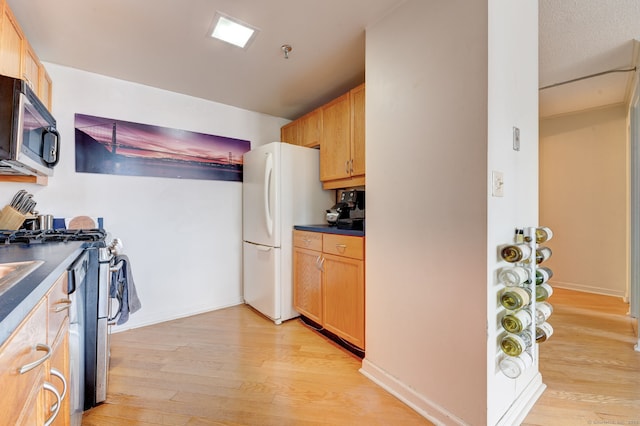 kitchen featuring light brown cabinets, light wood-type flooring, and stainless steel appliances