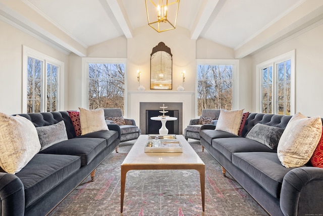 living room featuring an inviting chandelier and vaulted ceiling with beams