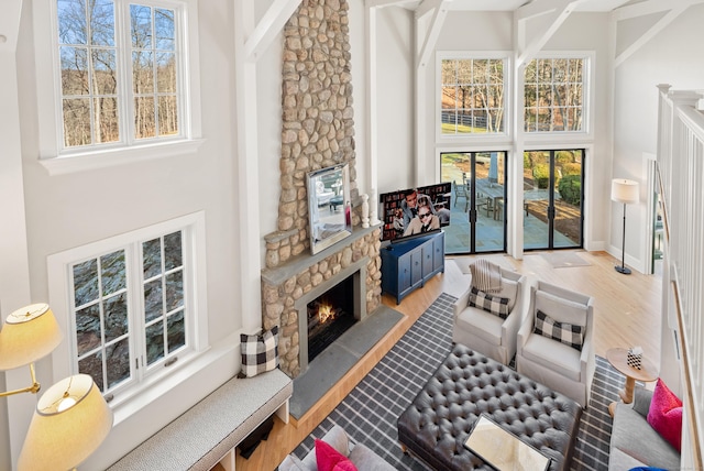 living room with a high ceiling, light hardwood / wood-style floors, plenty of natural light, and a fireplace