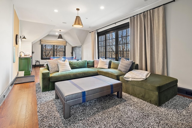 living room featuring hardwood / wood-style flooring and vaulted ceiling