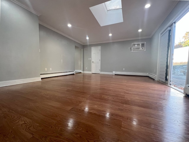 unfurnished room featuring a wall mounted air conditioner, dark hardwood / wood-style flooring, a skylight, and a baseboard heating unit