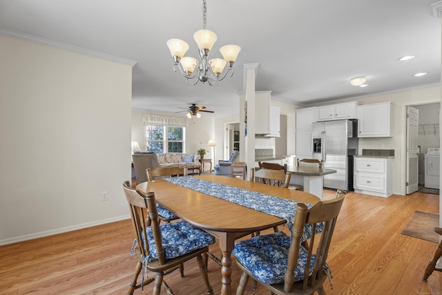 dining area with ceiling fan with notable chandelier, light hardwood / wood-style flooring, and ornamental molding