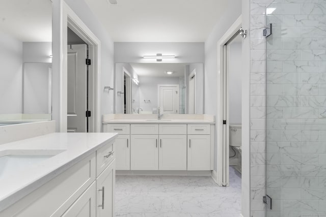 bathroom featuring vanity, toilet, and a shower with door