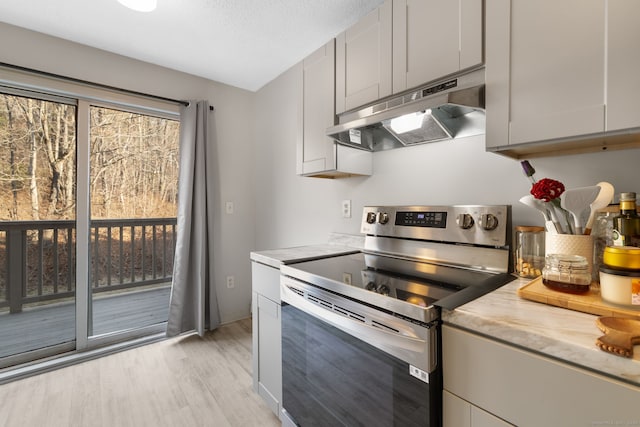 kitchen featuring light wood-type flooring, a textured ceiling, and stainless steel electric stove