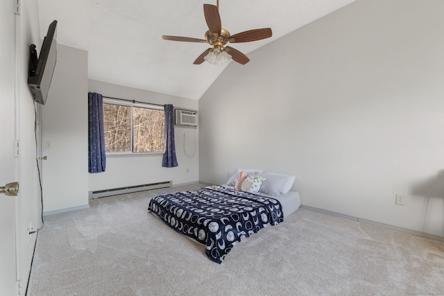 carpeted bedroom featuring ceiling fan, a baseboard heating unit, and vaulted ceiling