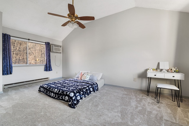 carpeted bedroom featuring ceiling fan, a baseboard radiator, a wall unit AC, and lofted ceiling