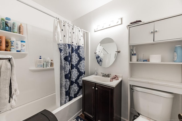 full bathroom with shower / bath combo, vanity, and toilet