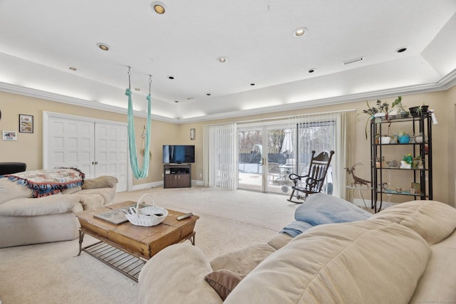 living room featuring a tray ceiling and light colored carpet