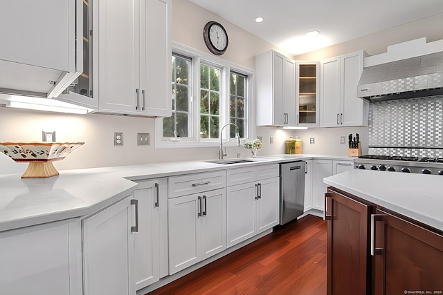 kitchen with white cabinetry, sink, wall chimney range hood, stainless steel dishwasher, and dark hardwood / wood-style floors