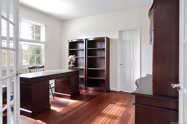 home office featuring dark hardwood / wood-style floors