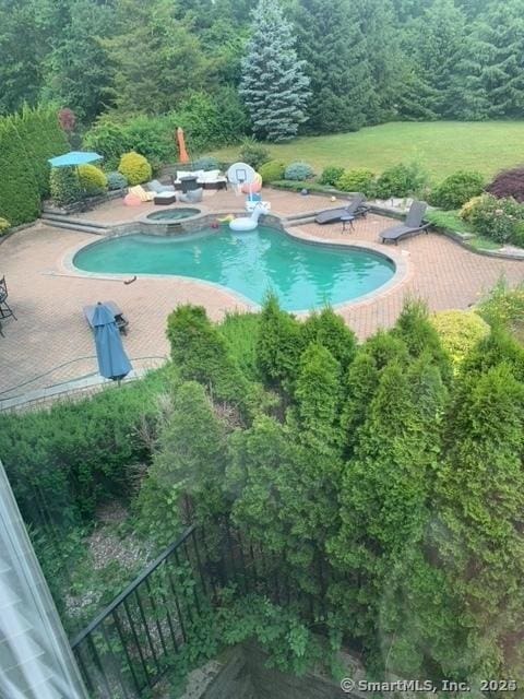 view of pool featuring an in ground hot tub and a patio