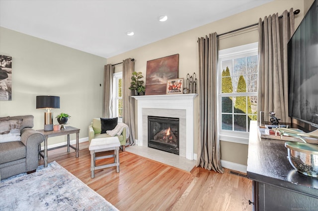 living room with hardwood / wood-style floors and a premium fireplace