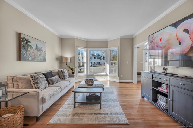 living room featuring light wood-type flooring and ornamental molding