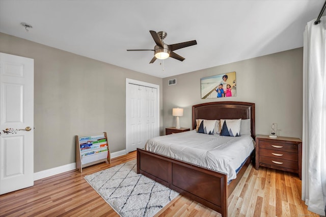 bedroom featuring ceiling fan, light wood-type flooring, and a closet