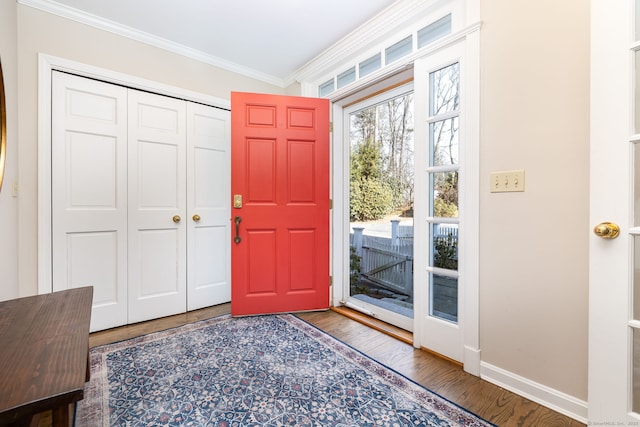 foyer with ornamental molding and wood-type flooring