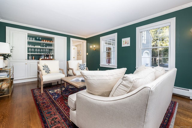 living room with ornamental molding, dark hardwood / wood-style floors, and bar area