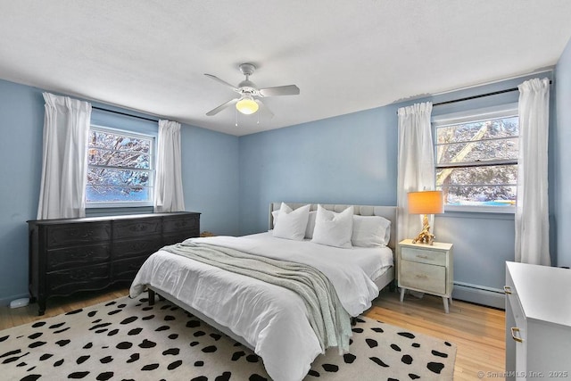 bedroom featuring light wood-type flooring, ceiling fan, and baseboard heating