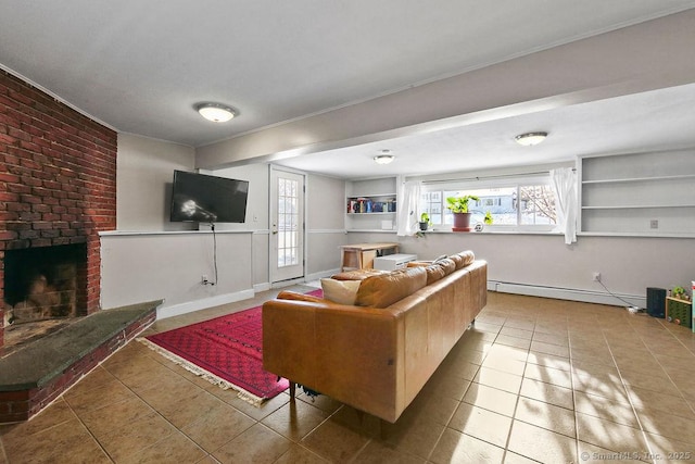 tiled living room featuring a brick fireplace and a baseboard radiator