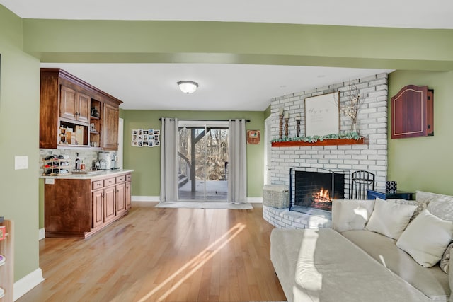 living room featuring a fireplace and light wood-type flooring