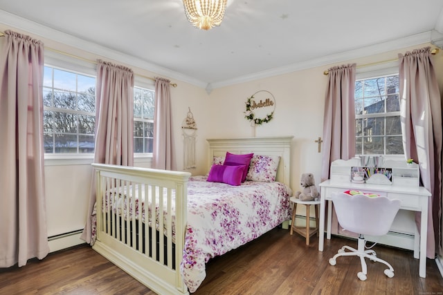 bedroom featuring multiple windows, crown molding, a baseboard radiator, and dark hardwood / wood-style floors