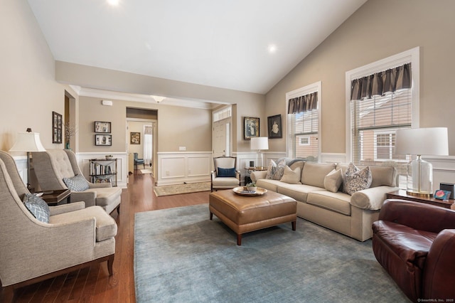 living room with lofted ceiling and hardwood / wood-style flooring