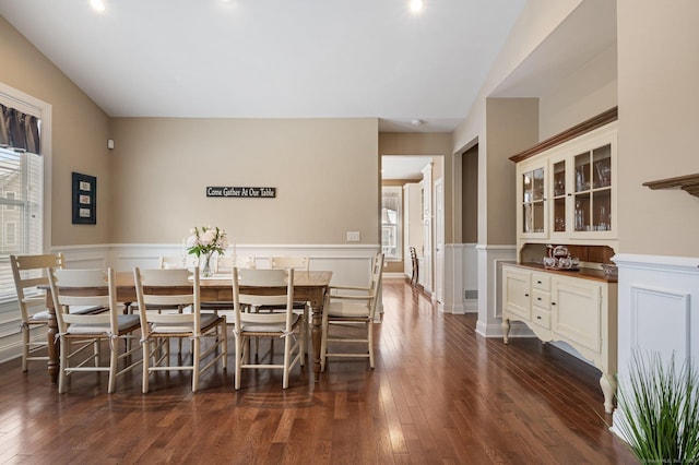 dining room featuring a healthy amount of sunlight, dark wood-type flooring, and lofted ceiling