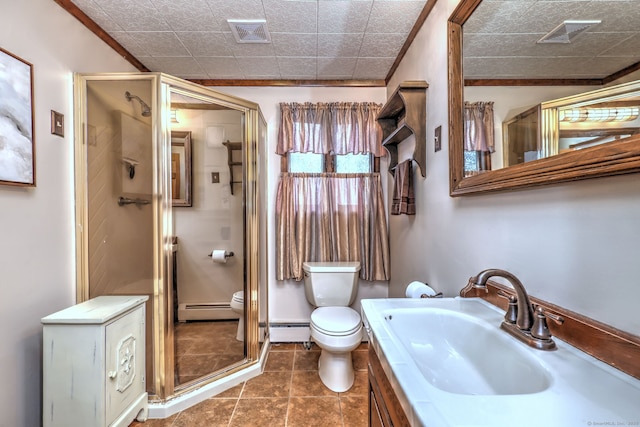 bathroom with walk in shower, vanity, a baseboard radiator, and toilet