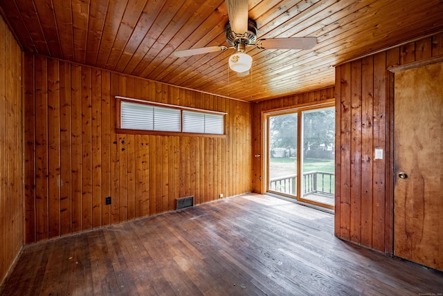 spare room with hardwood / wood-style floors, wooden ceiling, and wood walls