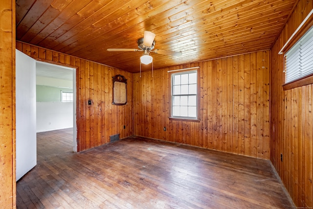 unfurnished room with ceiling fan, wood walls, wood ceiling, and dark wood-type flooring