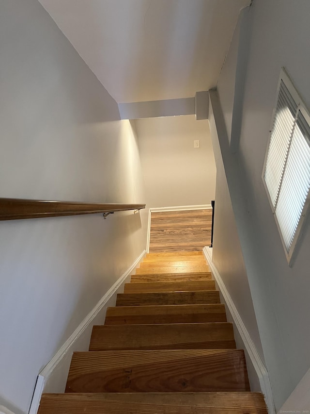 stairway with hardwood / wood-style flooring