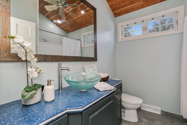 bathroom featuring lofted ceiling, toilet, wooden ceiling, and vanity