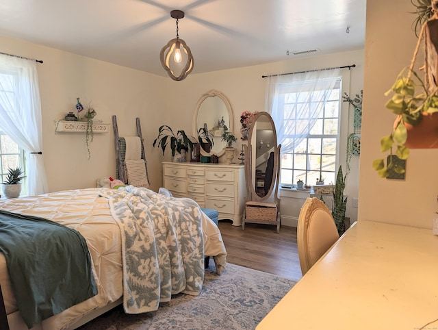 bedroom featuring multiple windows and dark hardwood / wood-style floors