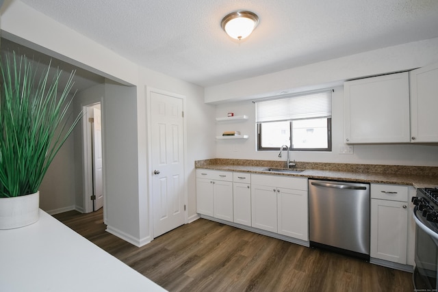 kitchen featuring stainless steel dishwasher, dark hardwood / wood-style floors, white cabinetry, and sink