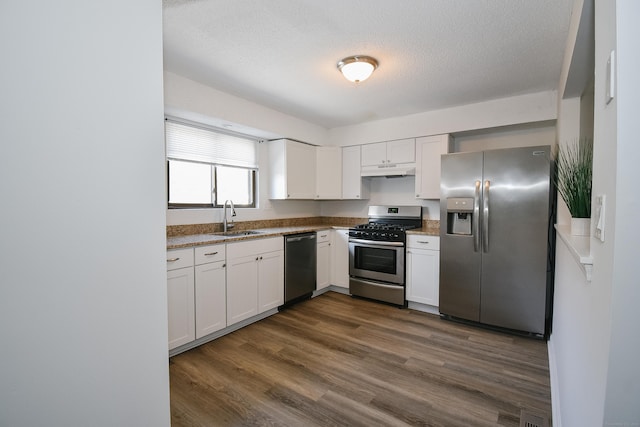 kitchen featuring white cabinetry, sink, dark hardwood / wood-style floors, and appliances with stainless steel finishes