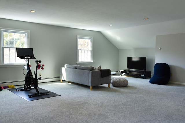 carpeted living room featuring a baseboard heating unit, recessed lighting, vaulted ceiling, and baseboard heating