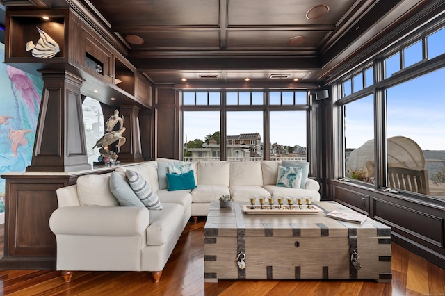 sunroom / solarium with coffered ceiling and beam ceiling