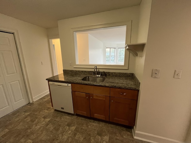 kitchen featuring sink, dishwasher, and dark stone countertops