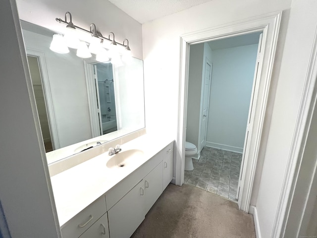 full bathroom with shower / bath combination, a textured ceiling, toilet, and vanity