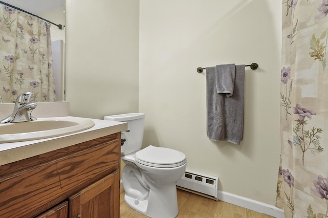 bathroom featuring toilet, hardwood / wood-style floors, a baseboard heating unit, a shower with shower curtain, and vanity