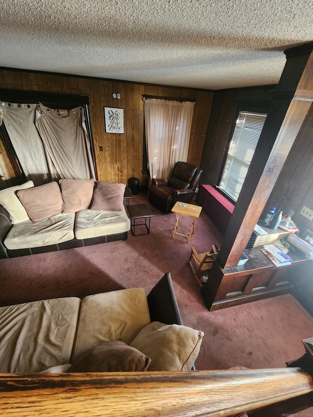 living room featuring carpet flooring, a textured ceiling, and wood walls