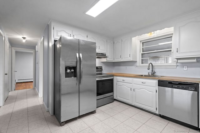 kitchen featuring sink, a baseboard radiator, wooden counters, white cabinets, and appliances with stainless steel finishes