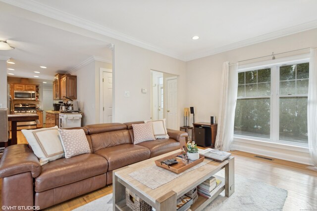 living room with ornamental molding and light hardwood / wood-style flooring