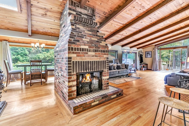 living room featuring hardwood / wood-style floors, a brick fireplace, wooden ceiling, and a notable chandelier